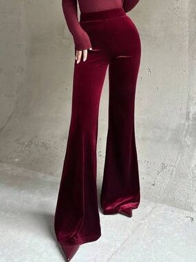 Firerie Women's Elegant High Waist Slim Fit Velvet Flare Pants,Burgundy Winter